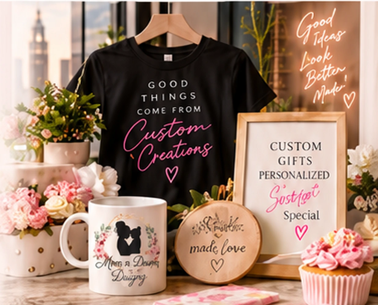 Illustrative boutique display with a custom shirt, handmade gifts, cupcakes, and soft pink florals
