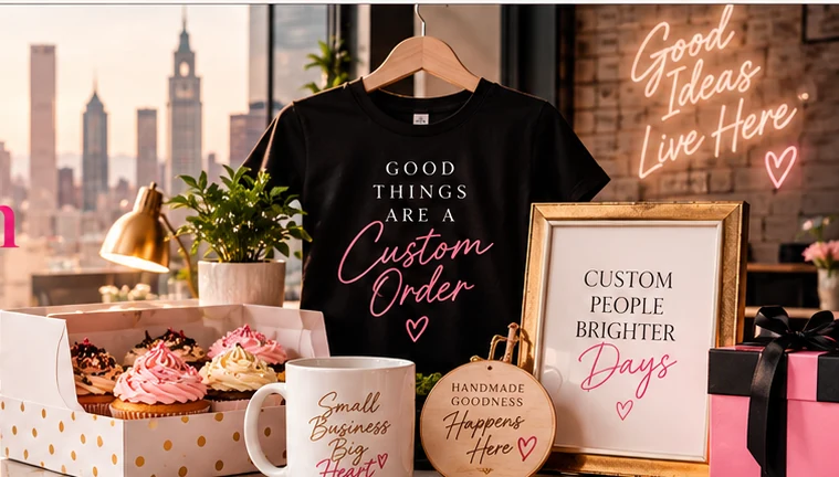 Illustrative boutique display showing a custom T-shirt, cupcakes, mugs, gifts, and handmade decor